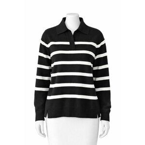 Jones New York Signature Striped Sweater Polo Collar Zip Pockets Size M